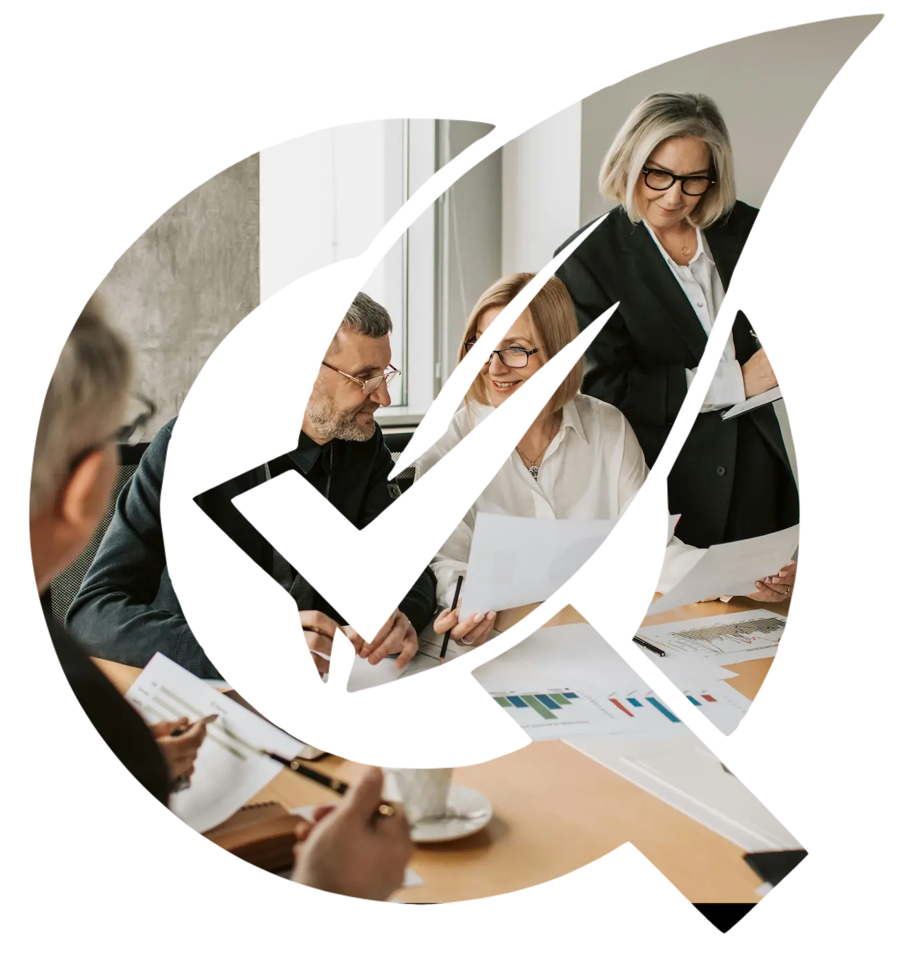 A business meeting where four professionals are reviewing documents and charts around a conference table. A large, stylized graphic overlay representing the QuickESG logo partially covers the scene.